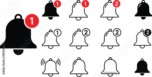 A large set of notification bell icons in various styles for user interface design