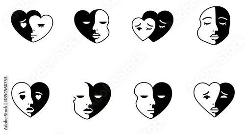 Abstract heart faces symbolize emotional duality and inner conflict, perfect for mental health and relationship themes