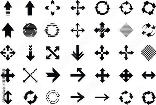 A set of black and white icons featuring various types of arrows and directional symbols for ui design