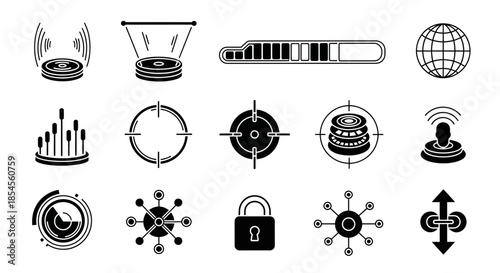 Modern technology icons representing data, security, connectivity, and progress for digital innovation and business solutions