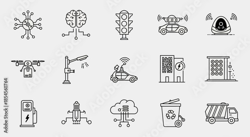 Dynamic icons showcase smart city innovations including AI brain, autonomous vehicles, drones, and sustainable technology solutions