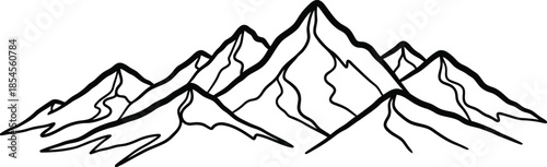 Hand drawn sketch of majestic mountain range against a white background