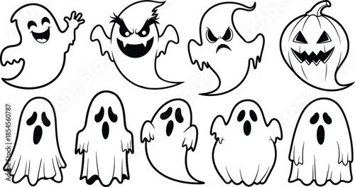 A collection of cute and scary halloween ghosts and a pumpkin illustration