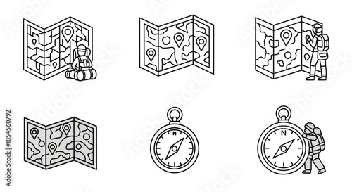 Outdoor Navigation and Hiking Line Icons