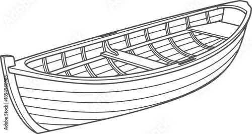 Simple line drawing of an empty wooden rowboat on a white background