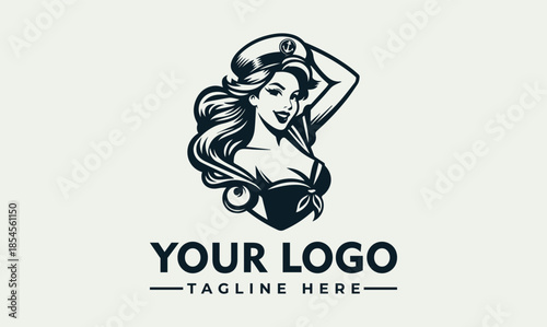 Black and white vector logo featuring a cheerful sailor woman with long hair and a friendly smile, posing with one hand on her hat, against a clean background with space for a tagline.