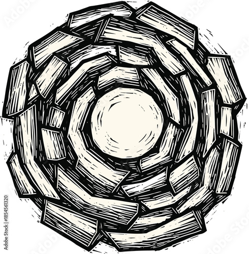 Linocut-style abstract geometric shapes hugging around a circle rugged woodcut style vector illustration design