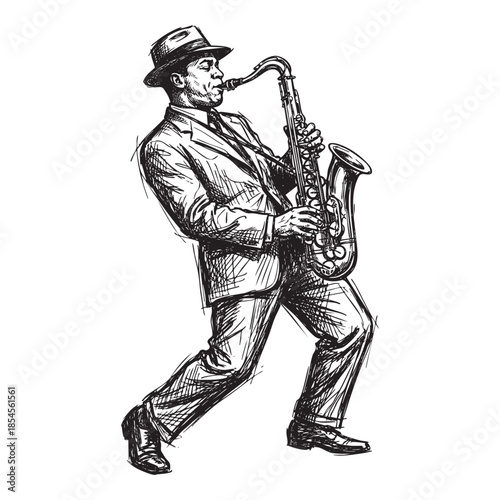 Jazz Musician Playing Saxophone Hand Drawn Sketch Style Illustration
