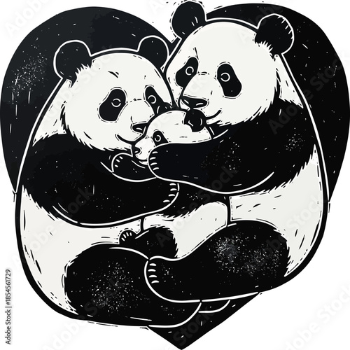 Linocut-style hugging animals (pandas) forming a heart, hand-carved bold strokes
