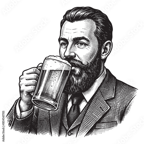 Bearded Man Drinking Beer from Mug Hand Drawn Engraving Style Illustration