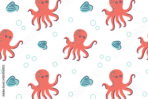 Flat cartoon vector illustration of funny octopus pattern with shells and bubbles, bright kids doodle style, playful underwater theme, cheerful mood, seamless design for children prints, nursery decor