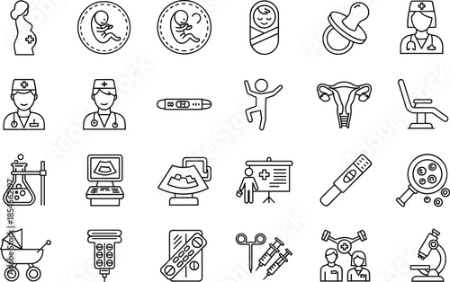 Pregnancy and maternity medical icon set featuring ultrasound, fetal development, pregnant woman, newborn baby, doctors, and fertility testing in line art.