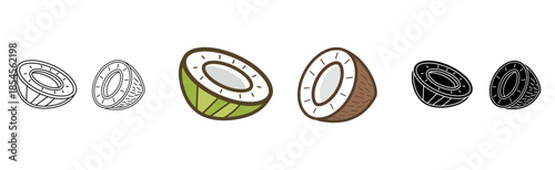 Tropical Organic coconut halves and slice vector illustration isolated on white background