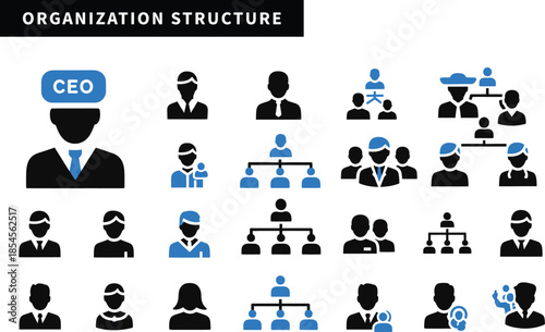 Collection of icons representing organizational structure and hierarchy, including CEO and team arrangements.