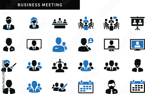 Collection of business meeting and corporate interaction icons in blue and black, depicting various professional scenarios and communication methods.