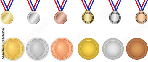 Gold Silver and Bronze Award Medals Set, Realistic Blank Winner Badge with Ribbon Vector Collection