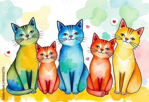 Five whimsical watercolor cats, vibrant colors, abstract background,  feline,  image