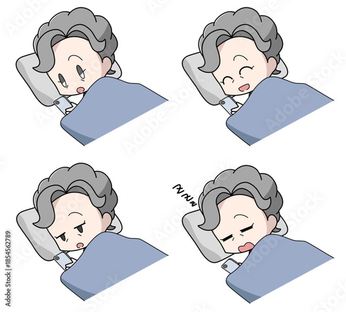 寝ながらスマートフォンを操作する高齢女性のイラスト4種類セット