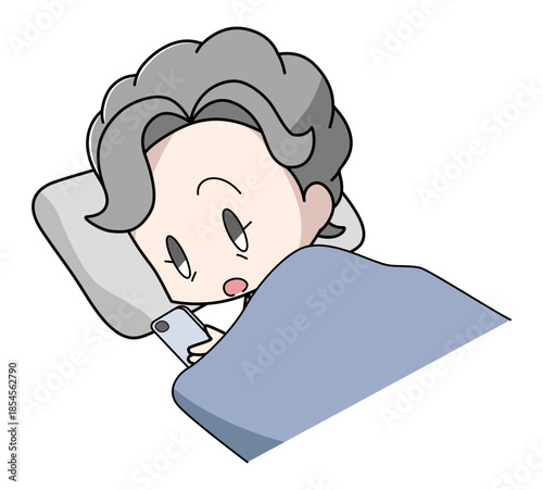 寝ながらスマートフォンを操作する高齢女性のイラスト