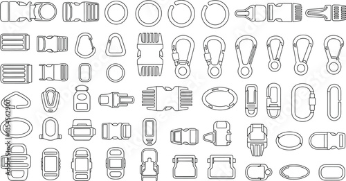 A set of line drawings showing different types of buckles and clasps for webbing straps and bags