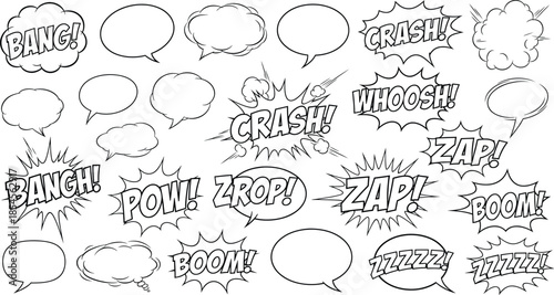 A collection of comic speech bubbles and sound effect bursts in black and white line art