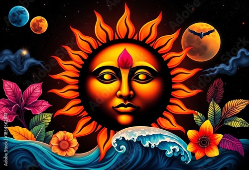 Stylized sun face, vibrant cosmic & tropical elements on dark background,  summer,  universe