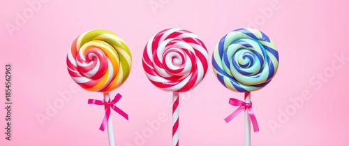 Three vibrant swirl lollipops on sticks, pink gradient background,   high resolution,  pink