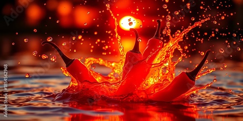 Red Chili Pepper Splashing in Liquid with Fiery Glow Representing Spicy Flavor Heat Energy And Dramatic Culinary Motion Concept Scene