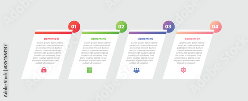 4 points infographic with gradient style with skew rectangle box with swirl header badge on top with 4 elements stages