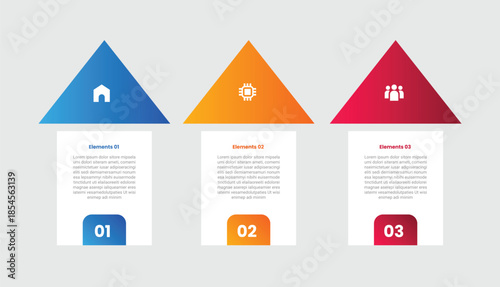 3 points infographic with gradient style with arrow badge on top direction with horizontal list with 3 elements stages
