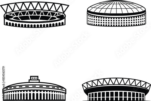 Four Different Stadium Structures in Black and White Line
