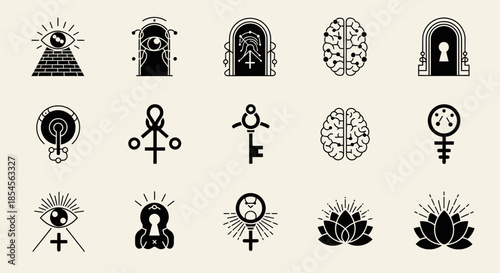 Mystical modern iconography collection featuring esoteric symbols, keys, brains, and spiritual lotus flowers for unique design projects