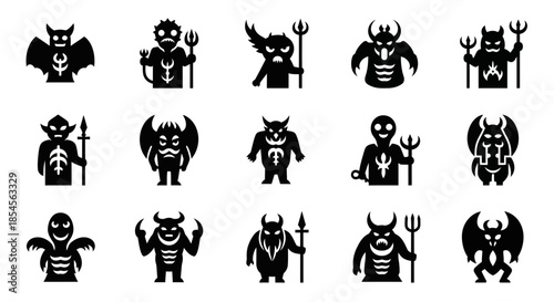 Captivating collection of diverse devil and demon icons, perfect for adding a touch of dark fantasy and mythical flair to any design project.