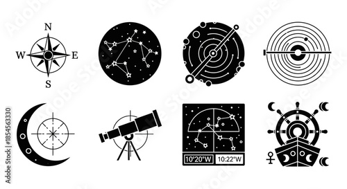 Explore the cosmos with stunning celestial icons featuring compass, telescope, constellations, moon, and navigation symbols for your next project.