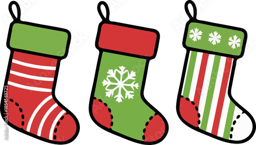 Festive Christmas Stocking Collection with Stripes and Snowflake Patterns Isolated on White