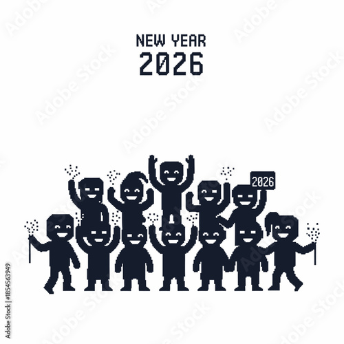 A vibrant illustration of enthusiastic cartoon characters joyfully celebrating the upcoming New Year 2026, holding sparkling party favors and cheering together in festive anticipation and unity