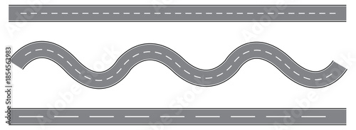 Vector Curved road with white lines. Winding Road Isolated Transparent Special Effect. Road way location infographic template. 