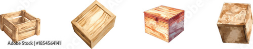 Watercolor wooden box set isolated on white background
