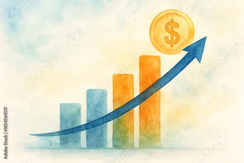 Watercolor Painting of Financial Growth with Rising Bar Graph and Dollar Sign Icon