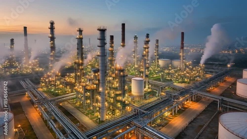 Illuminated Industrial Oil Refinery Complex at Dusk Emitting Steam Under a Twilight Sky
