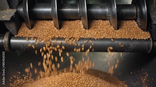 Industrial Conveyor Mechanism Processing Raw Grains Seeds Through a Rotary Screw System in a Food Production Facility