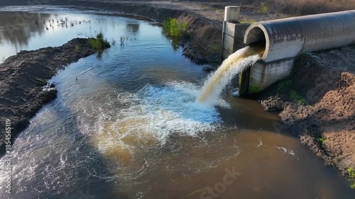 Industrial Effluent Discharge into Natural Waterway Creating Turbulent White Water Amidst Brown Muddy Banks Under Clear Sunlight
