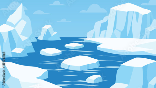 Cartoon Arctic Iceberg Landscape with Frozen Sea Vector Illustration.
