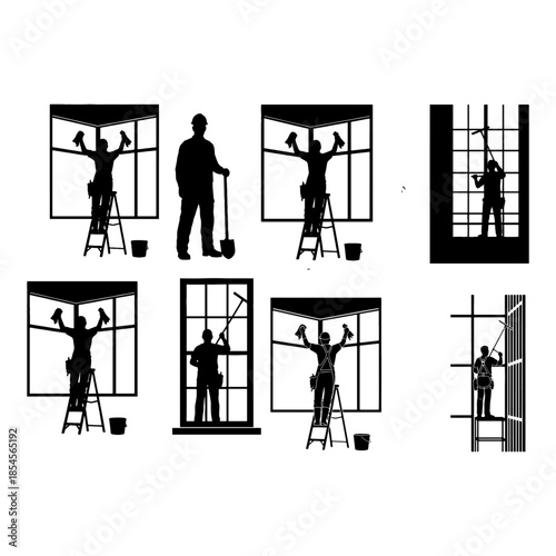 close up view of Window washer is cleaning high office building using a squeegee. Housekeeping service icons set
