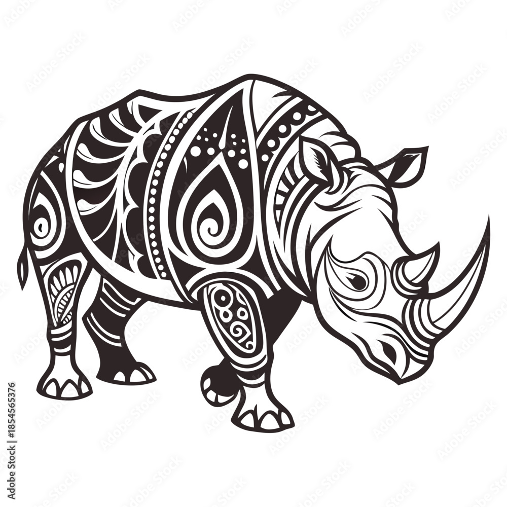 Fototapeta premium Ornamental rhinoceros vector illustration with intricate mandala patterns, black and white wildlife art.