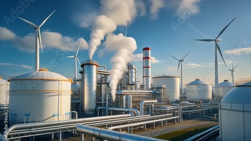 Industrial Landscape With Wind Turbines And Chemical Plant Producing Energy On A Clear Sunny Day