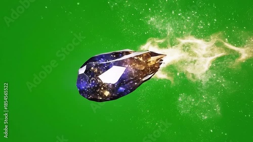 Abstract Asteroid with Galaxy Texture Floating on Green Screen Background with Particle Effects for Visual Effects and