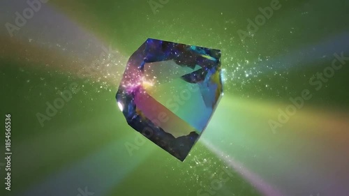 Abstract Geometric Gemstone Floating With Shimmering Lights and Particle Effects on a Green Screen Background For Visual Design