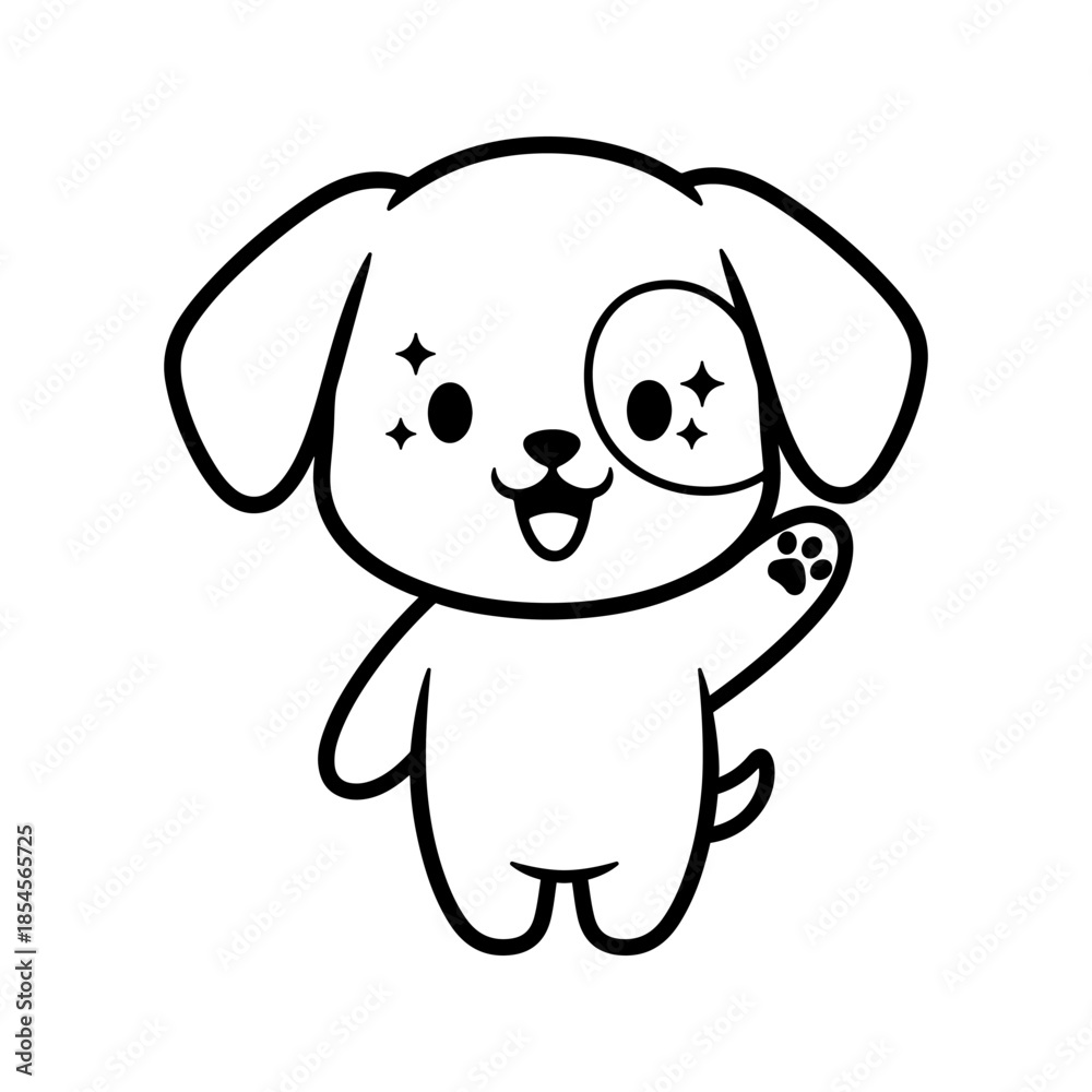 Fototapeta premium Happy Waving Puppy Dog Cartoon Line Art Illustration