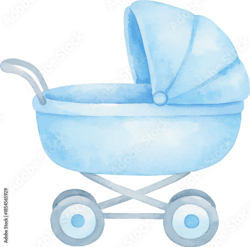 Blue baby stroller with hood cute newborn carriage, pram for infant on white background